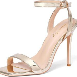 Women's Gold Stiletto Heels Ankle Strap Square Toe Dress Shoes Lace Up